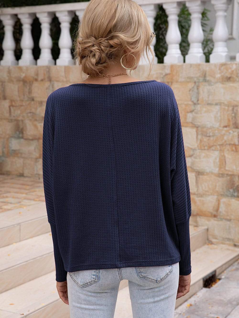 Anna-Kaci Waffle Knit One Off Shoulder Long Sleeve Top Solid Color for Women