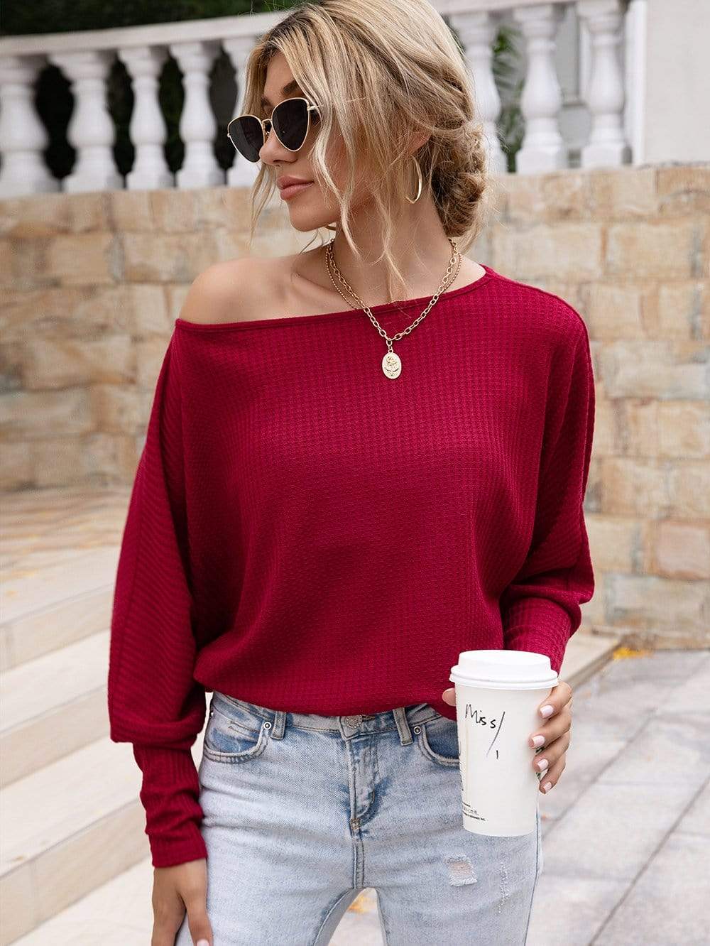Anna-Kaci Waffle Knit One Off Shoulder Long Sleeve Top Solid Color for Women
