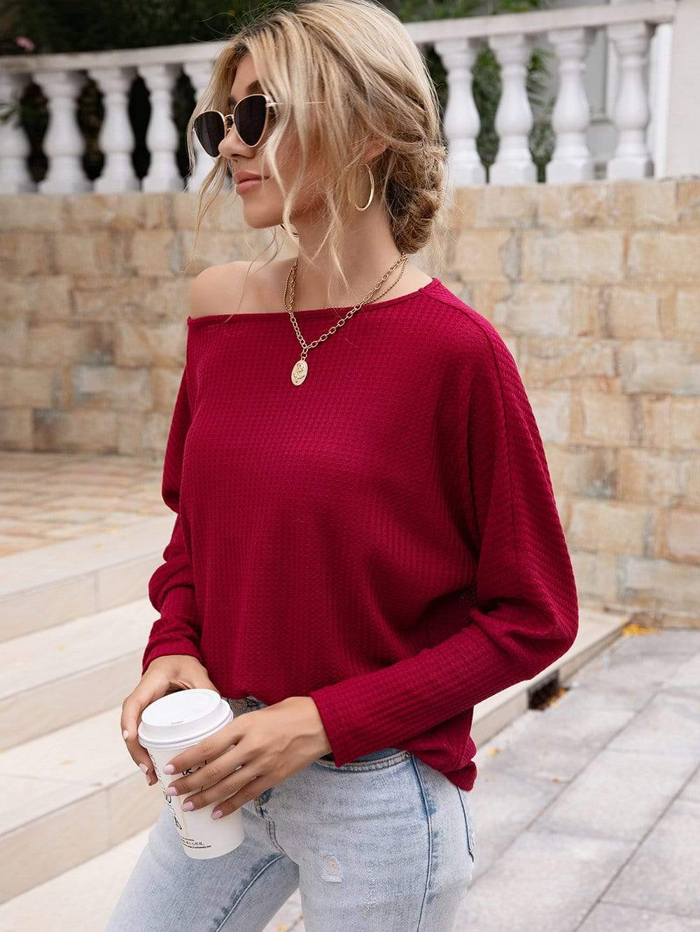 Waffle Knit One Shoulder Long Sleeve Top