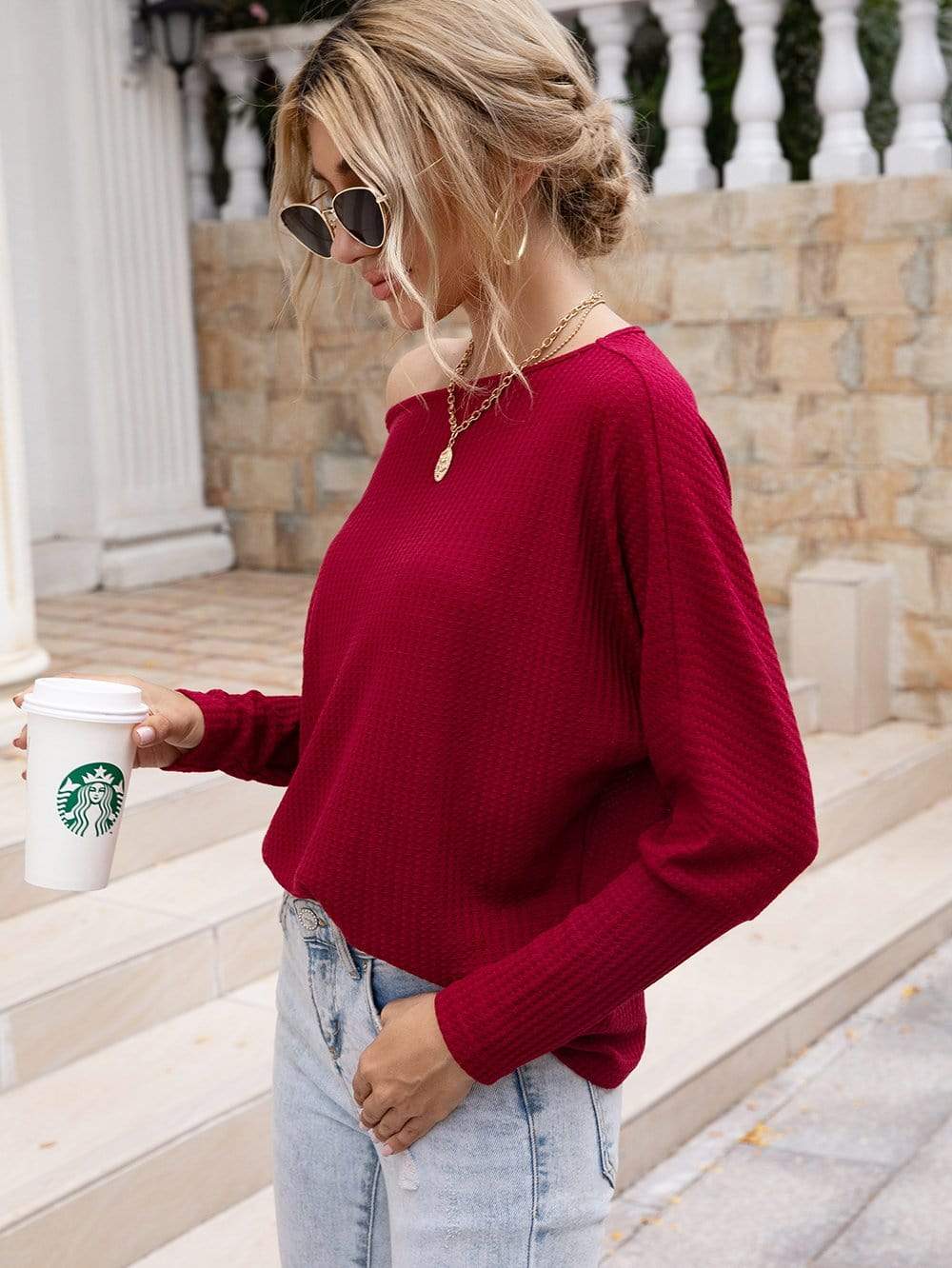 Anna-Kaci Waffle Knit One Off Shoulder Long Sleeve Top Solid Color for Women