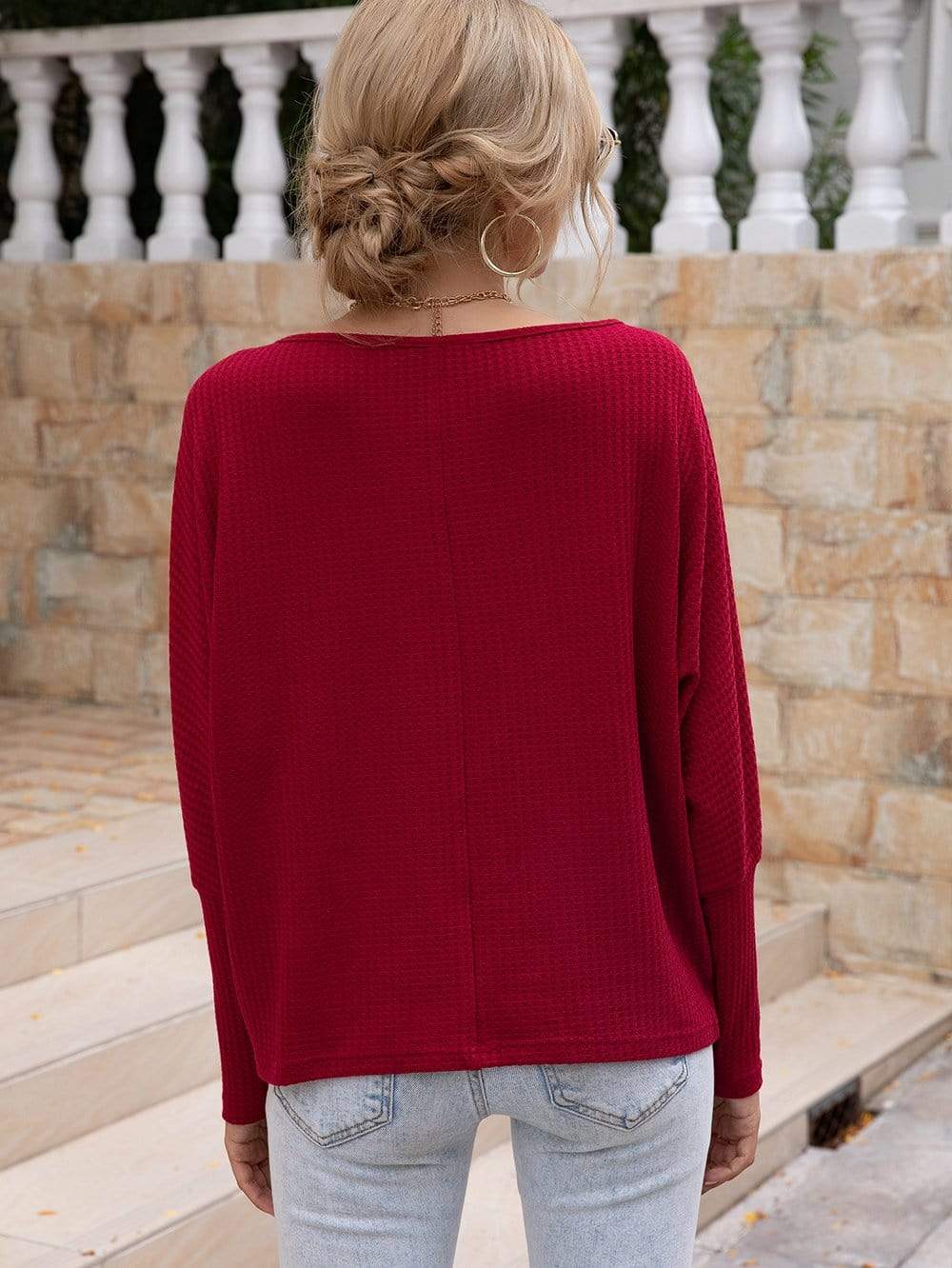 Anna-Kaci Waffle Knit One Off Shoulder Long Sleeve Top Solid Color for Women