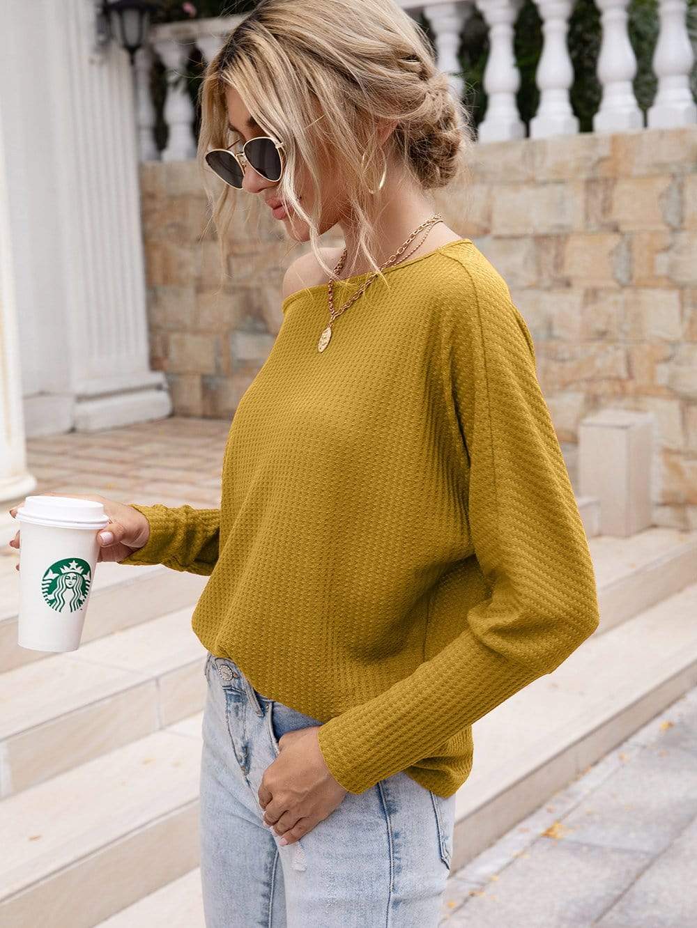 Anna-Kaci Waffle Knit One Off Shoulder Long Sleeve Top Solid Color for Women