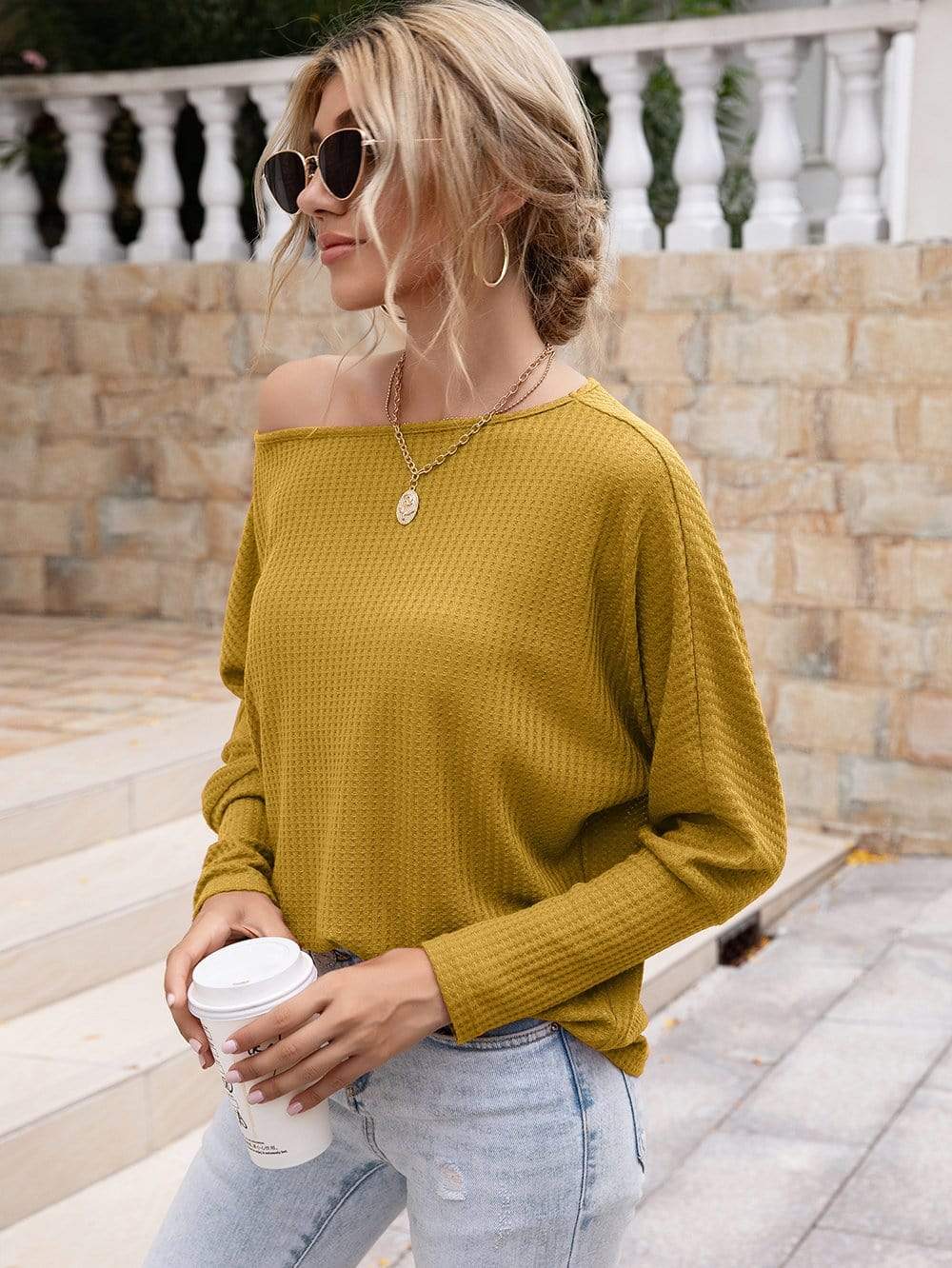 Anna-Kaci Waffle Knit One Off Shoulder Long Sleeve Top Solid Color for Women