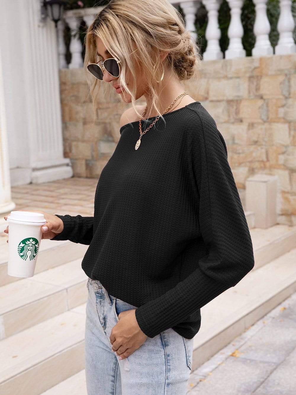Anna-Kaci Waffle Knit One Off Shoulder Long Sleeve Top Solid Color for Women