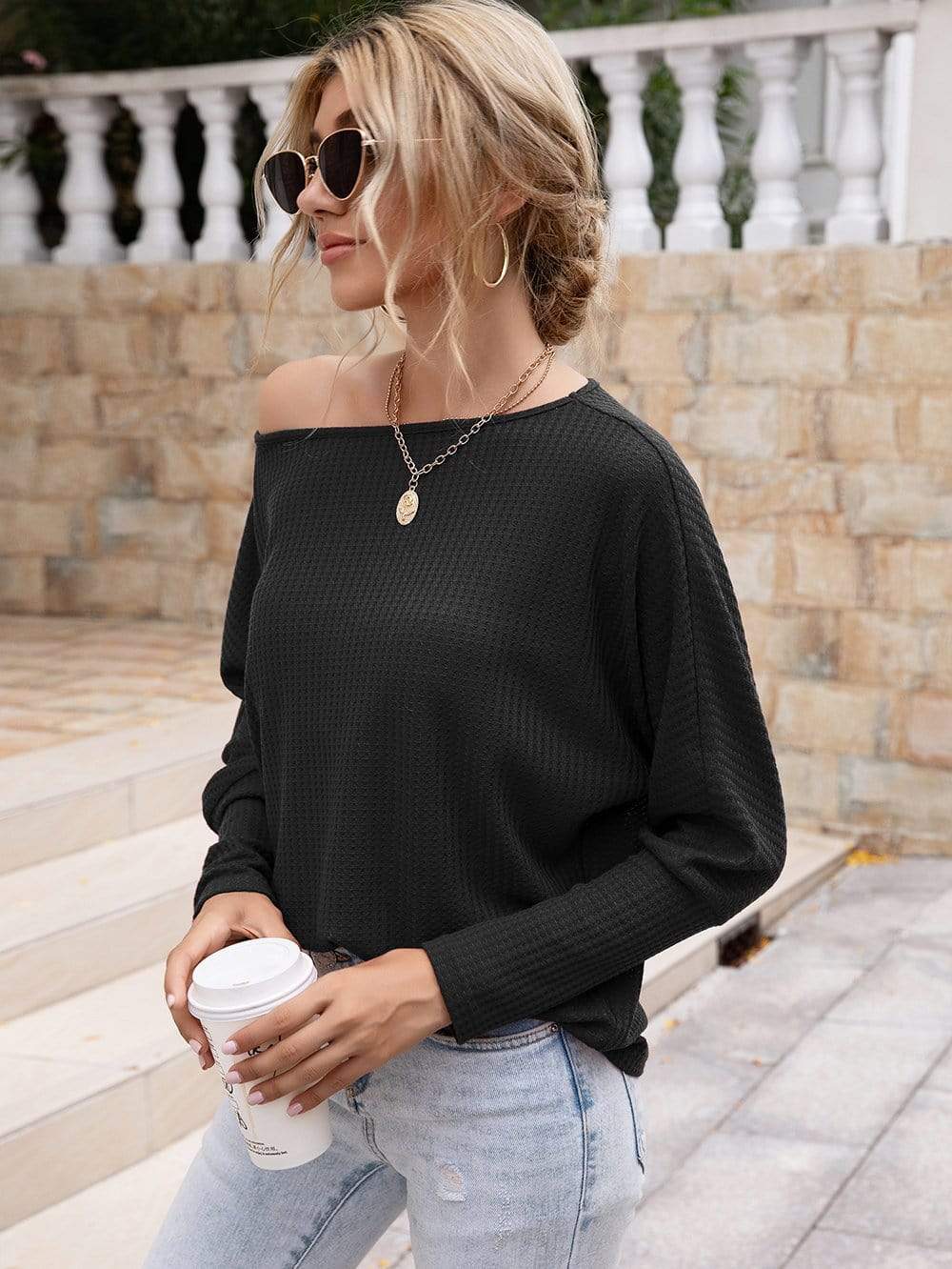 Anna-Kaci Waffle Knit One Off Shoulder Long Sleeve Top Solid Color for Women