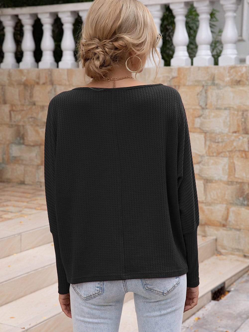 Anna-Kaci Waffle Knit One Off Shoulder Long Sleeve Top Solid Color for Women