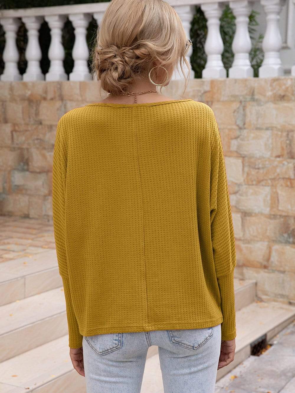 Anna-Kaci Waffle Knit One Off Shoulder Long Sleeve Top Solid Color for Women