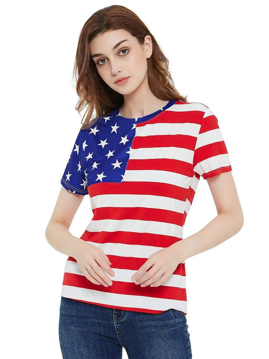 Anna-Kaci Women's Round Neck American USA Flag Top July of 4th Patriotic T-Shirt Blouse | Anna-Kaci L / Round Neck