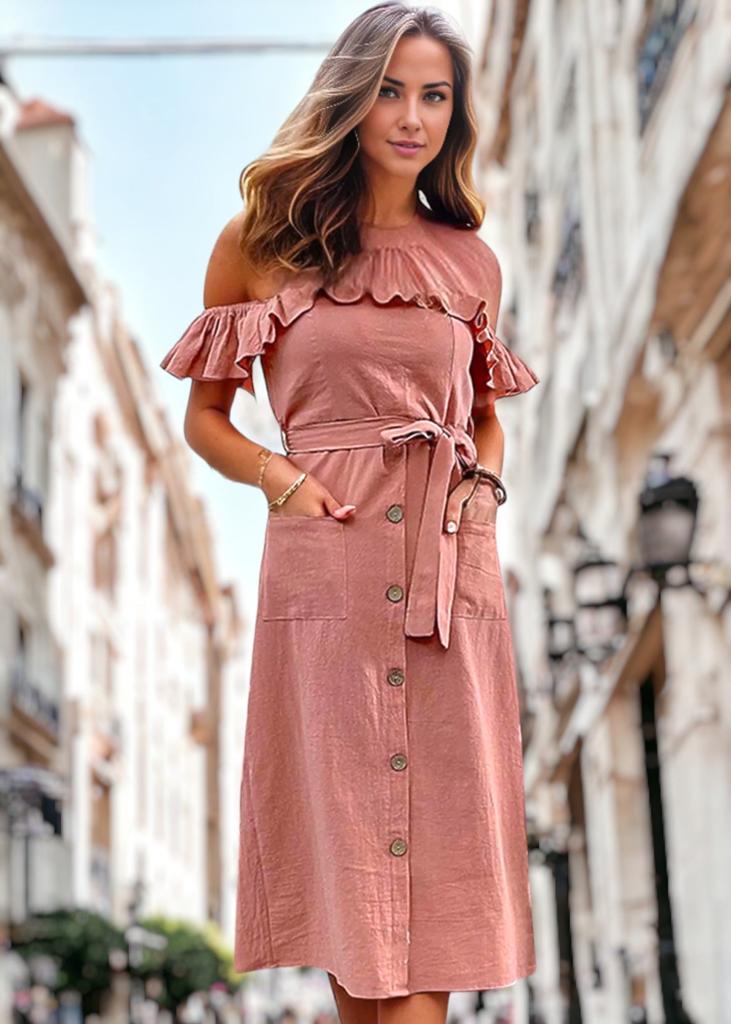 Ruffle Off-Shoulder Button Dress
