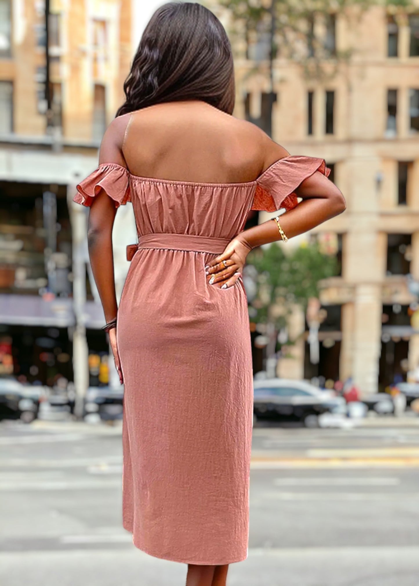 Ruffle Off-Shoulder Button Dress
