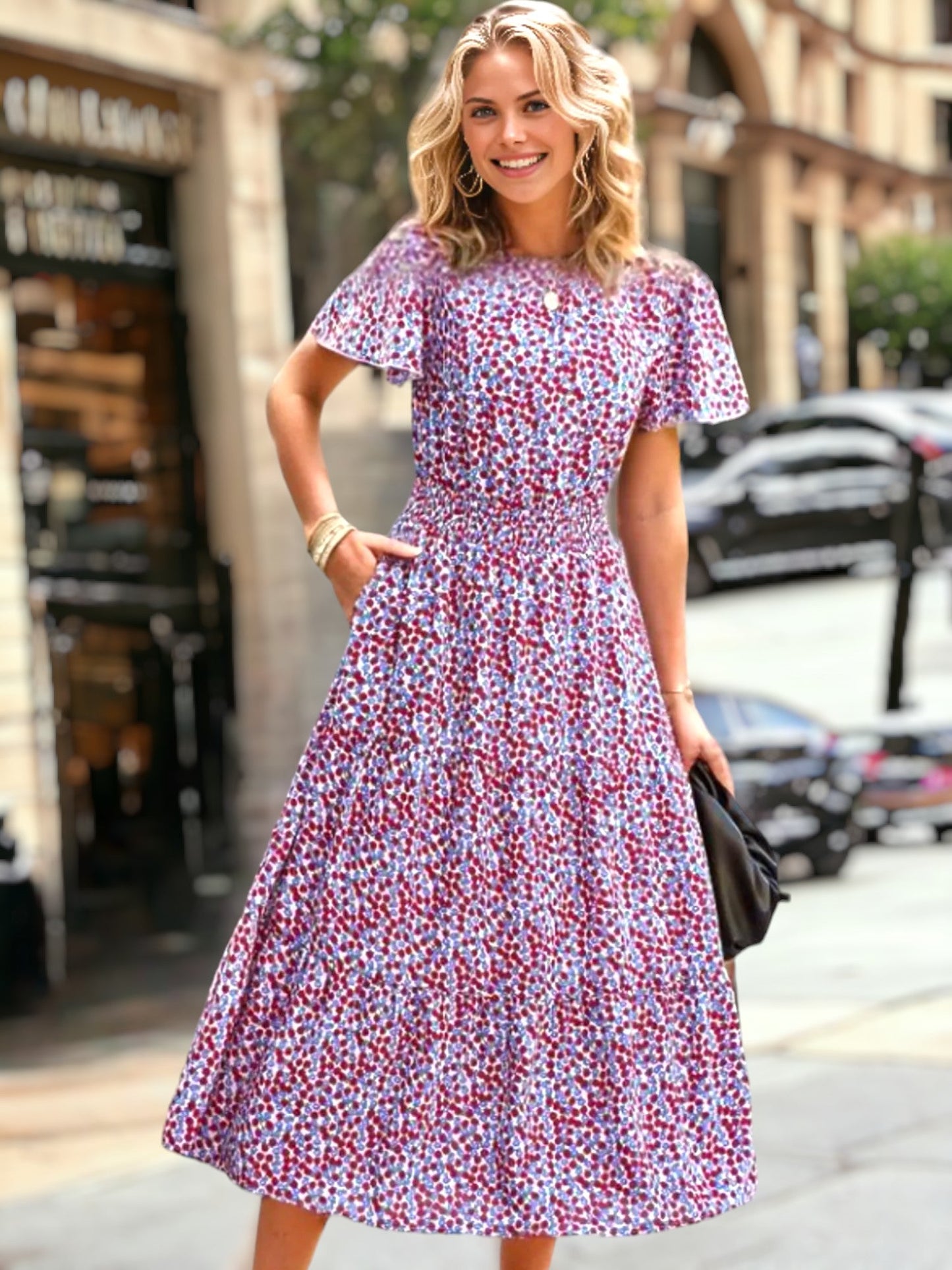 Floral Print Shirred Waist Midi Dress