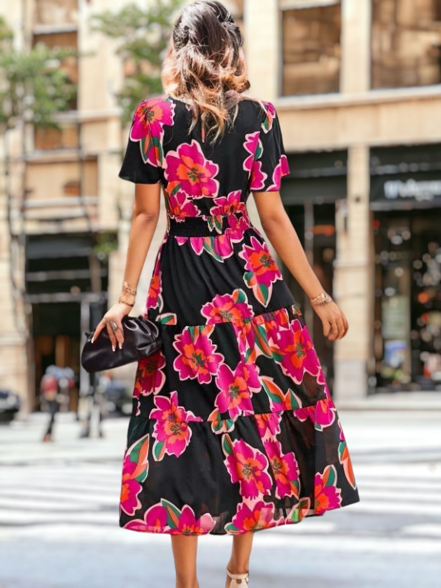 Floral Print Shirred Waist Midi Dress