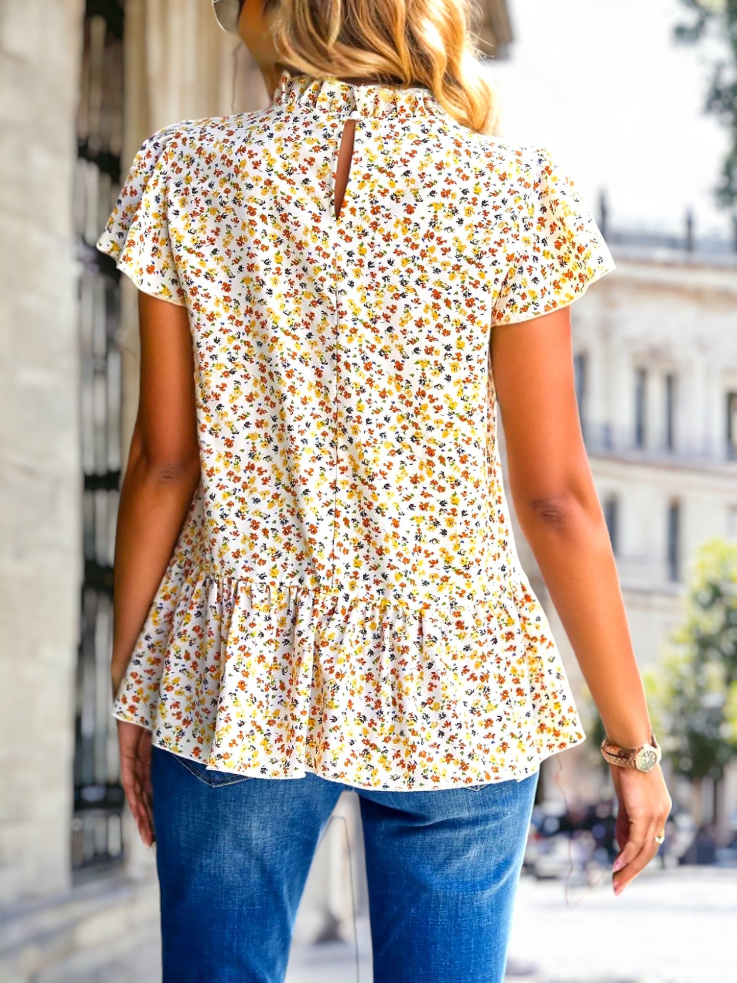 Ruffle Neck Floral Ruffle Blouse