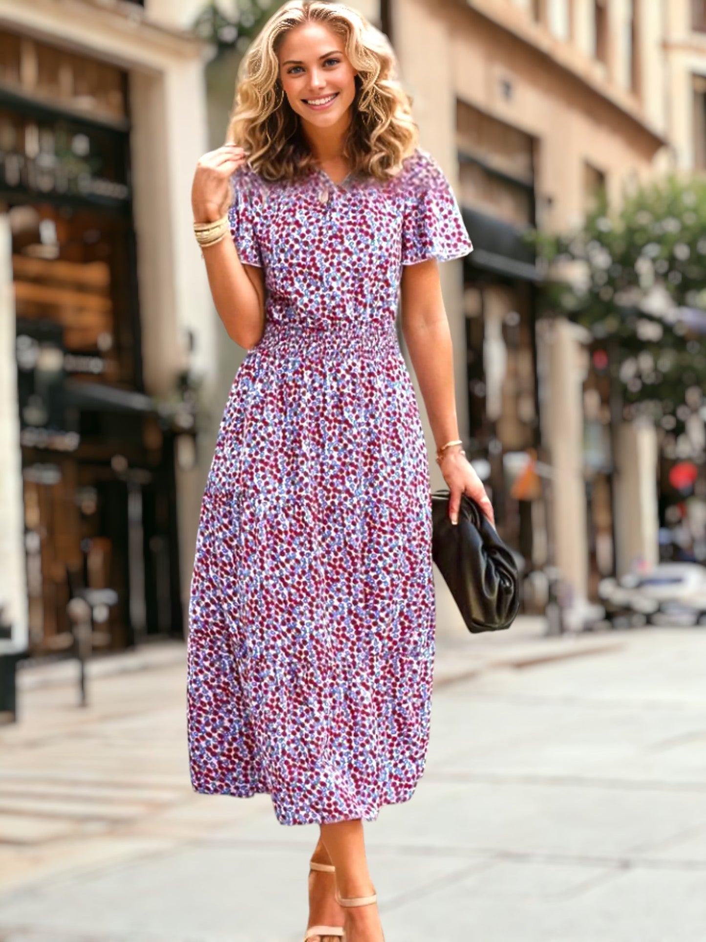 Floral Print Shirred Waist Midi Dress