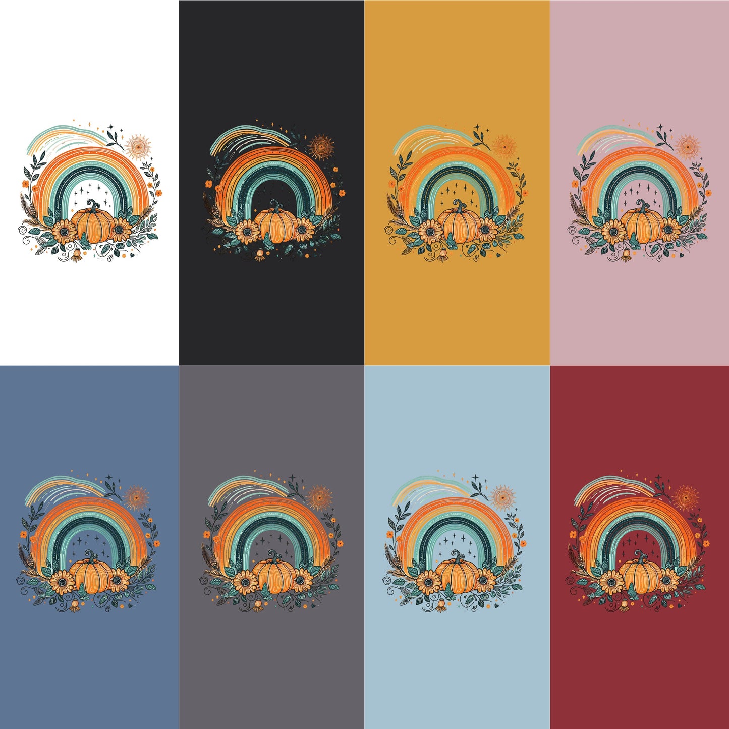 Pumpkin & Sunflowers Rustic Rainbow T-Shirt, Sun-Kissed Horizon, Nature's Splendor, Boho Shirts ,Oversized Shirts, Retro Fall, Pumpkin Patch