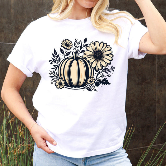 Retro Pumpkin & Sunflowers Bohemian T-Shirt - Vintage Style, Soft Tan Palette, Oversized Shirts, Retro Fall Top, Fall Shirt, Pumpkin Patch