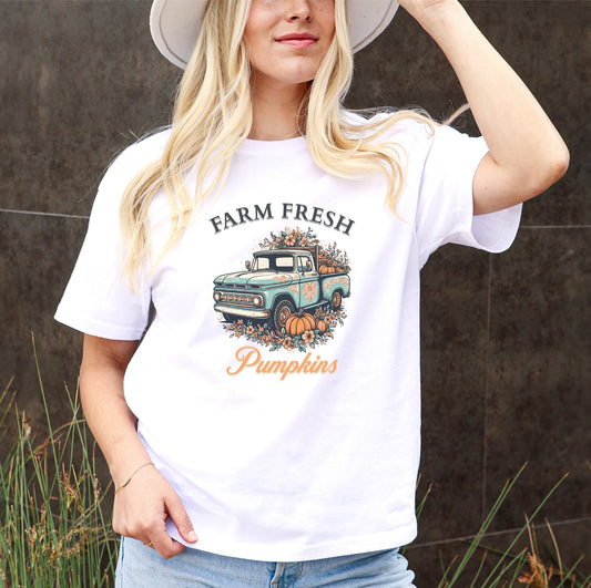 Rustic Farm Fresh Blue Truck T-Shirt - Flower-Covered, Pumpkin, Boho Rustic Vibes, Vintage Retro Fall Top, Fall Shirt, Farm Girl, Country