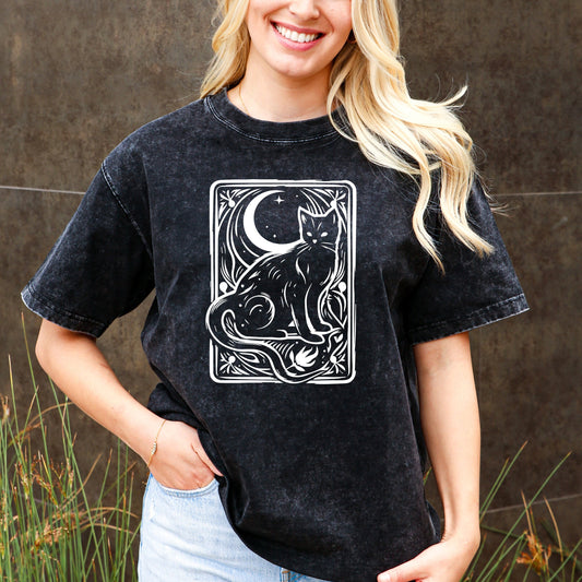 Mystic Cat Tarot Card T-Shirt - Moon and Stars, Acid Wash, Gothic Aesthetic, Retro Halloween, Cat Lover, Moonlight Child