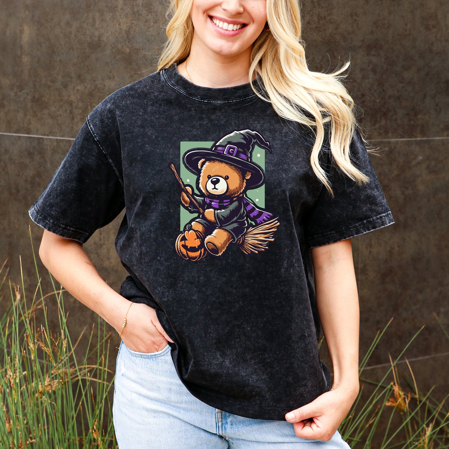Witch Teddy Bear Flying The Night on Broomstick Tee - Harry Potter Scarf, Pumpkin Magic, Trick or Treat, Stuff Animal Tee, Halloween