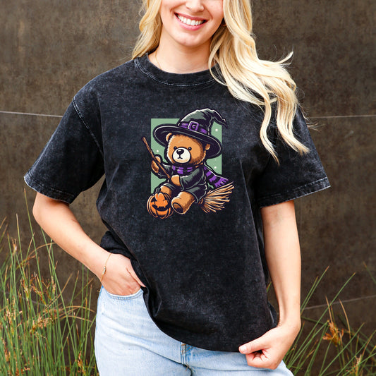 Witch Teddy Bear Flying The Night on Broomstick Tee - Harry Potter Scarf, Pumpkin Magic, Trick or Treat, Stuff Animal Tee, Halloween