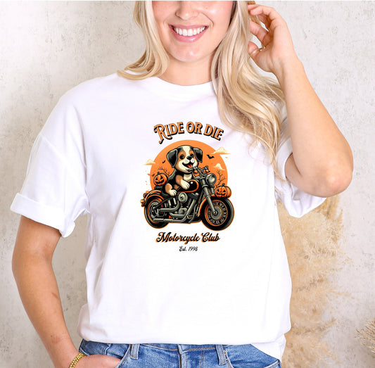 Puppy Ride or Die Motorcycle T-Shirt - Autumn Moon, Pumpkins, Bats, Vintage Halloween t-Shirt, Puppy, Fall Shirt, Vintage Halloween t-Shirt