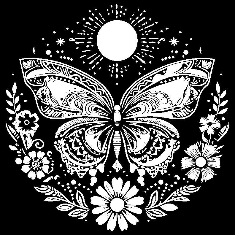 Butterfly & Flower Sunburst T-Shirt - Bold White Design, Acid Wash Aesthetic, Boho Shirts, Oversized Shirts, Wanderlust, Plant Girl