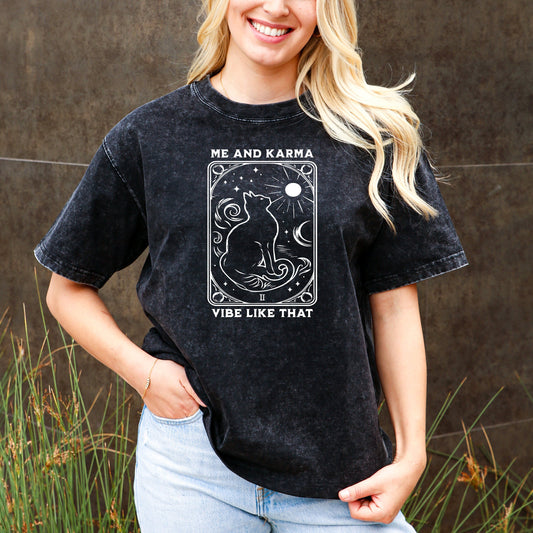 Me & Karma Vibe Like That - Mystic Cat Tarot T-Shirt - Sunrise Morning Vibe, Sun Rise, Astrological, Cat Lover, Retro Gothic Tee