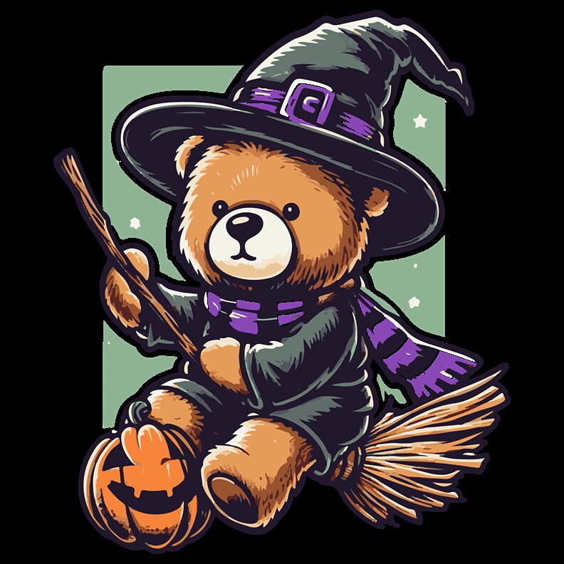 Witch Teddy Bear Flying The Night on Broomstick Tee - Harry Potter Scarf, Pumpkin Magic, Trick or Treat, Stuff Animal Tee, Halloween