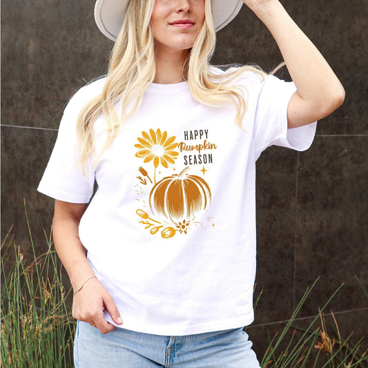 Happy Pumpkin Season Bohemian Tee - Rustic Orange Pumpkin, Sunflower Bliss, Flower Child, Retro Fall Vibes
