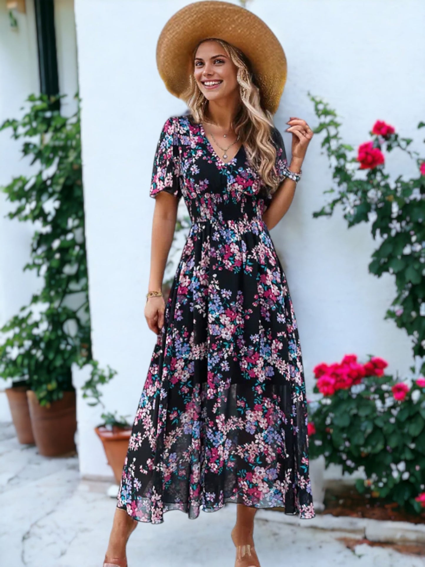 Floral Printed Short Sleeve Maxi Smocked Dress