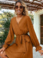 Cross Front V Neck Long Bishop Sleeve Flared Dress