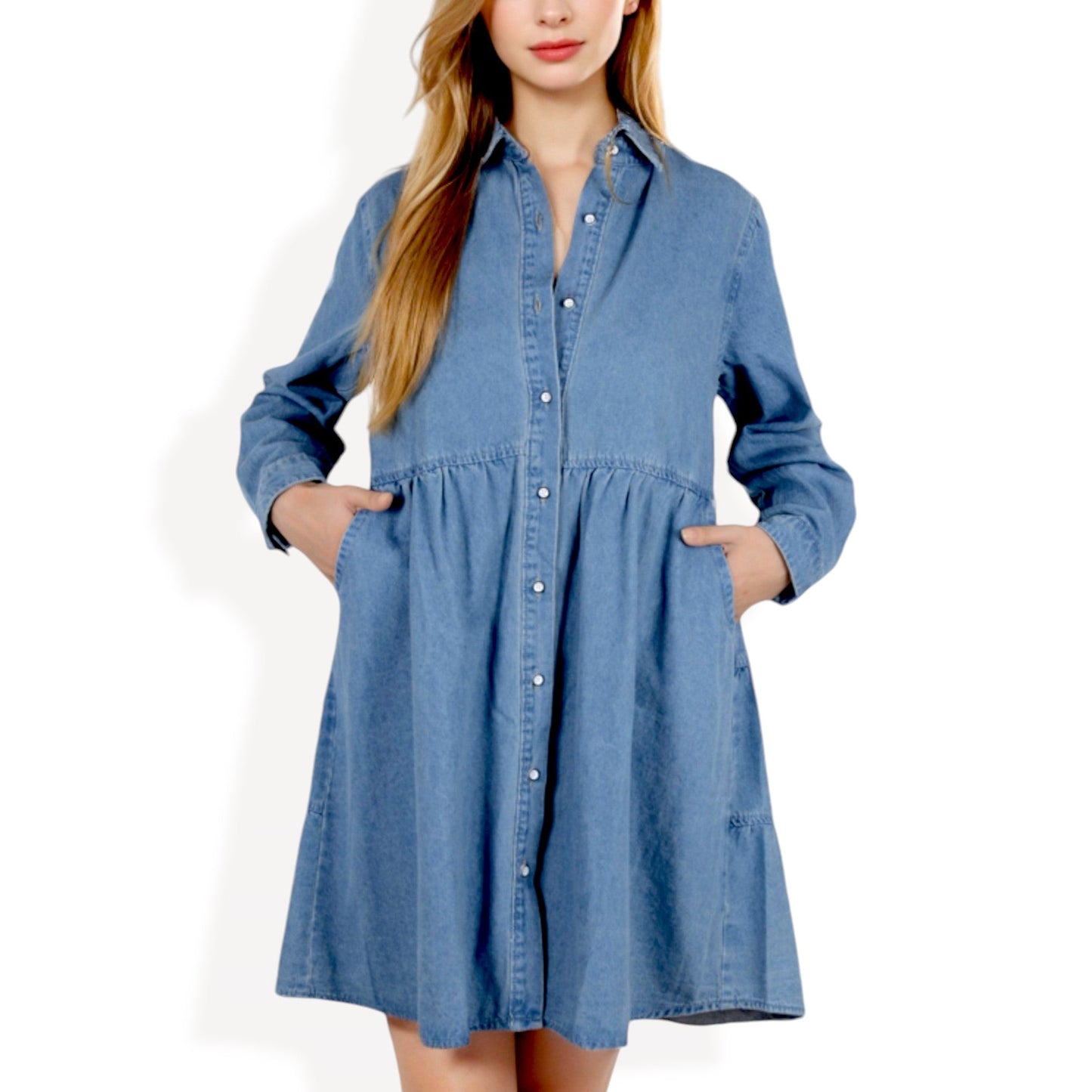 Anna-Kaci Women's Long Sleeve Denim Shirt Dress with Front Button Closure and Gathered Waist