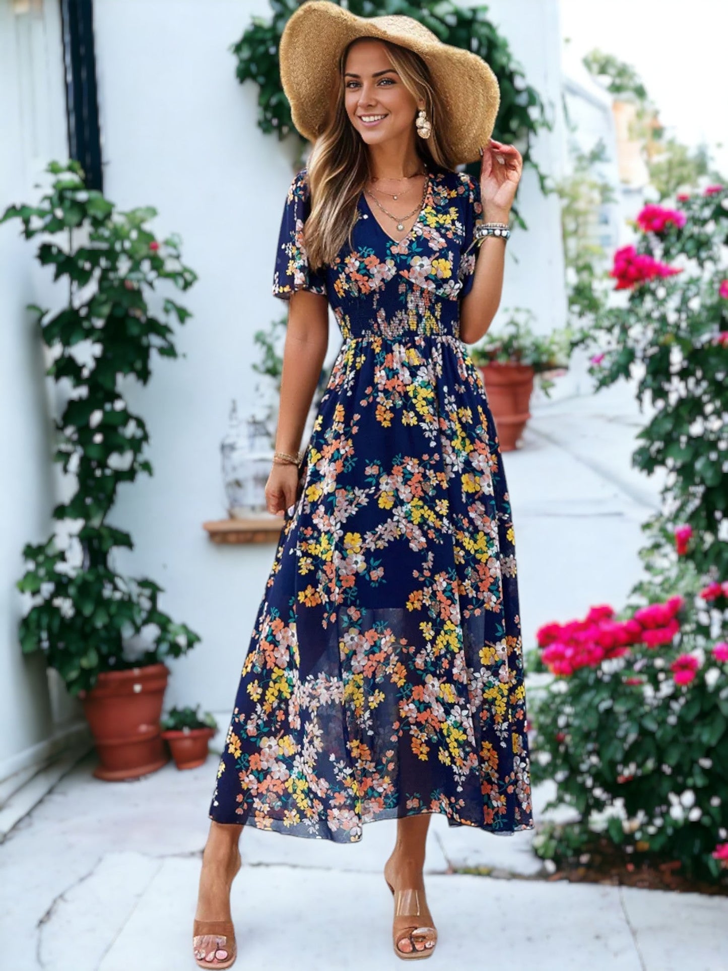 Floral Printed Short Sleeve Maxi Smocked Dress