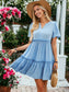 Notched V-Neck Short Sleeve Smocked Ruffle Dress