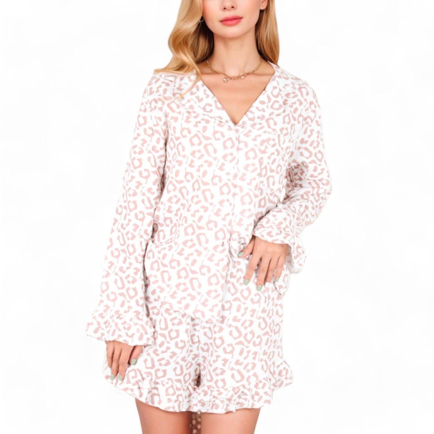 Anna-Kaci Women's Button-Down Leopard Print Pajama Set with Ruffled Hem Shorts