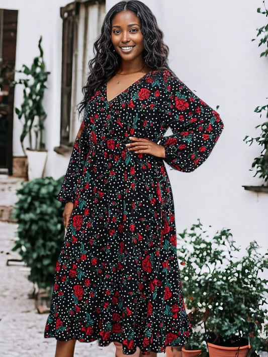 Plus Size Bell Sleeves Rose Floral Print Wrap Maxi Dress