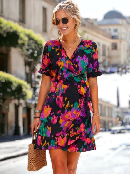 Abstract Print Ruffle Hem Dress