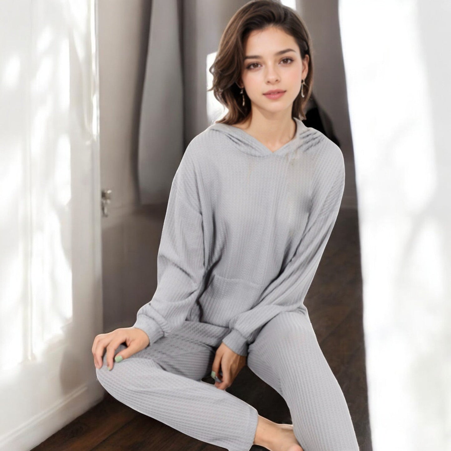 Anna-Kaci Women's Waffle Knit Hoodie Lounge Set with Front Pocket and Relaxed Fit Pants