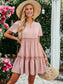 Notched V-Neck Short Sleeve Smocked Ruffle Dress