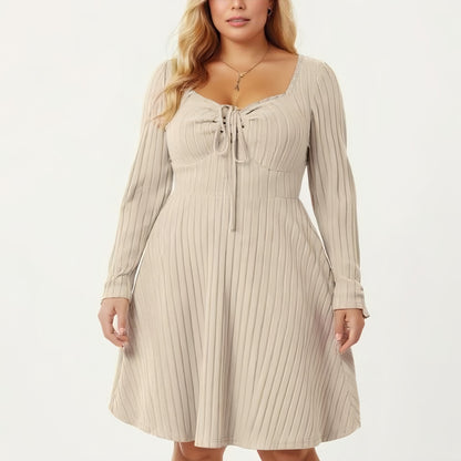 Plus Size Long Sleeve Ribbed Knit Dress with Tie Front Detail and Flared Skirt