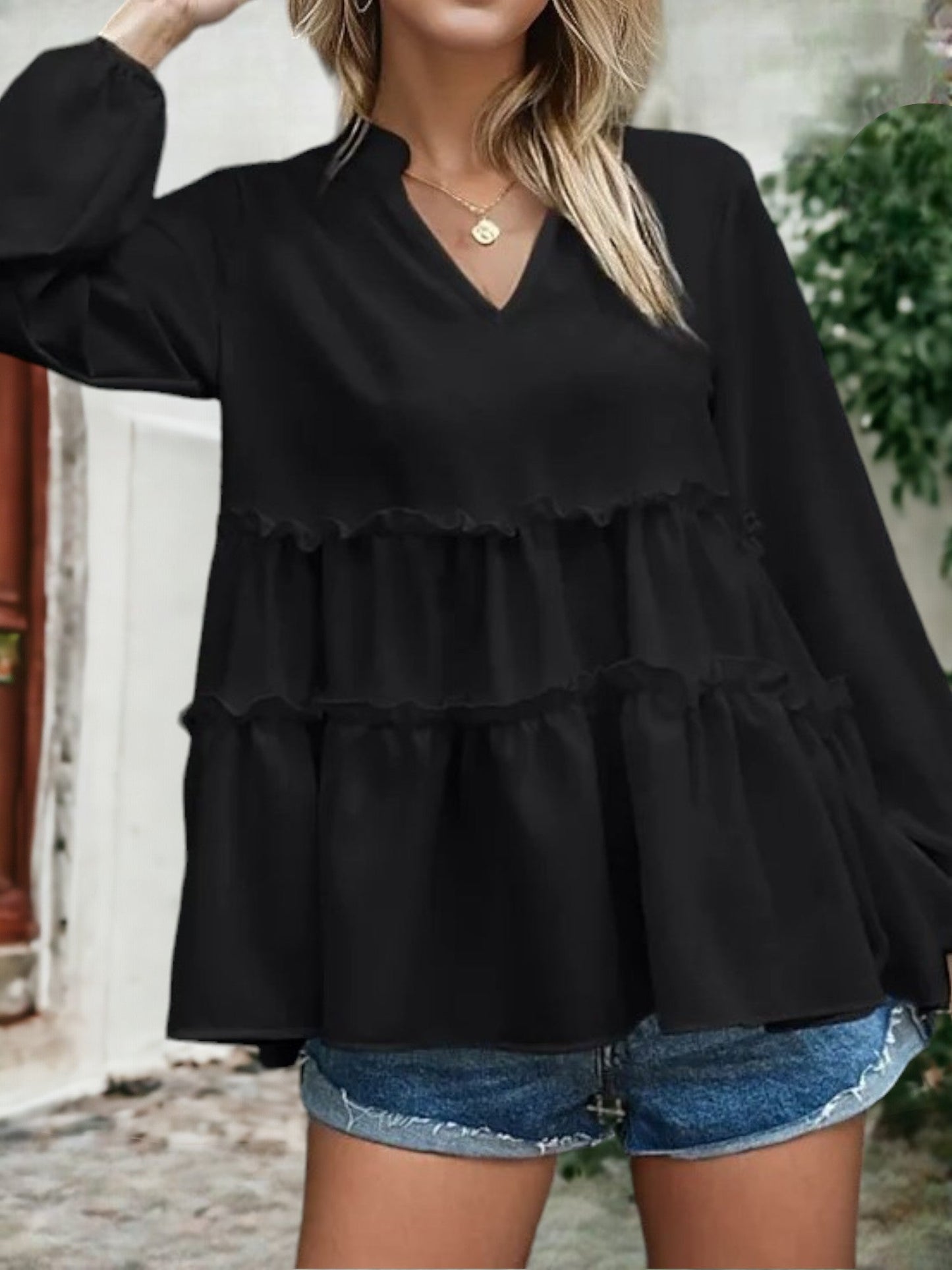 Mandarin Collar Ruffle Hem Blouse