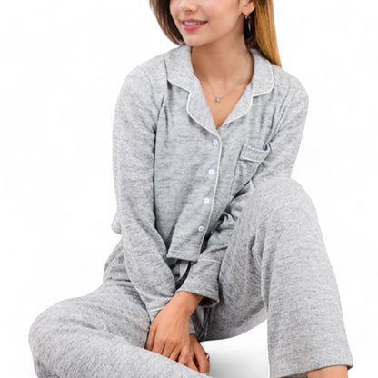 Anna-Kaci Women's Long Sleeve Button-Up Pajama Set with Piped Trim Details and Relaxed Fit