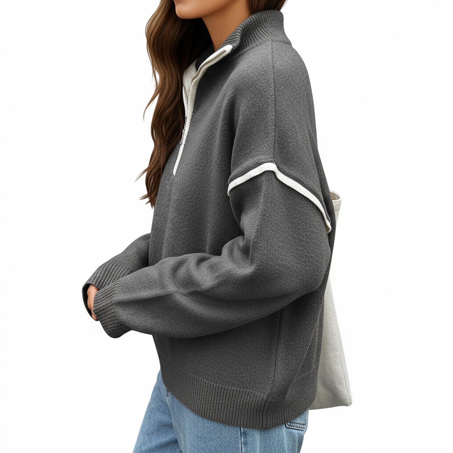 Long Sleeve Pullover Knit Top with Quarter Zip Front Contrast Trim and Ribbed Hem