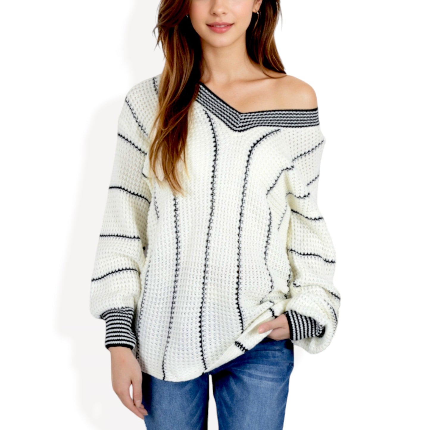 Anna-Kaci Women's Long Sleeve Waffle Knit Striped Sweater with Off-Shoulder Detail