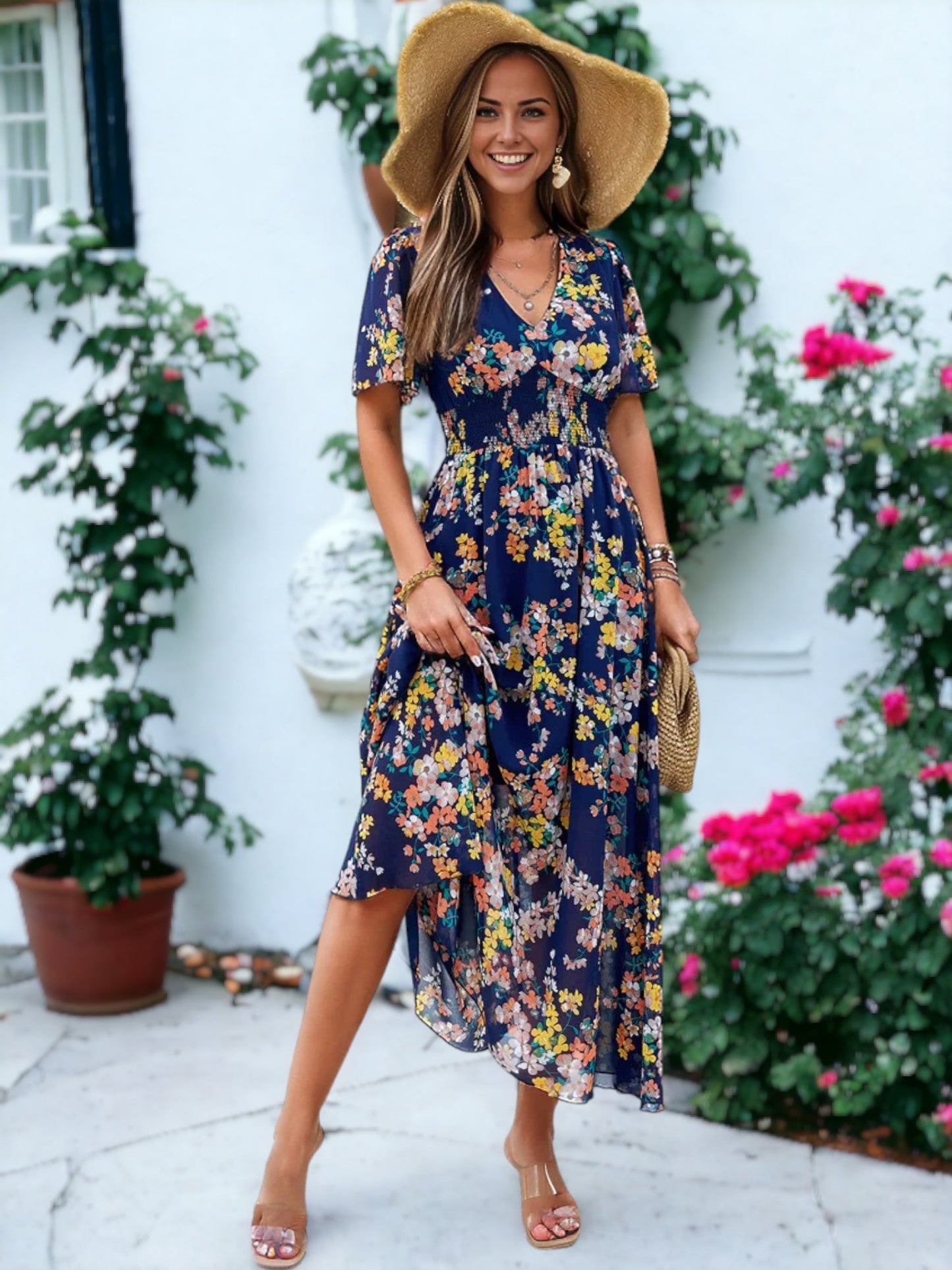 Floral Printed Short Sleeve Maxi Smocked Dress