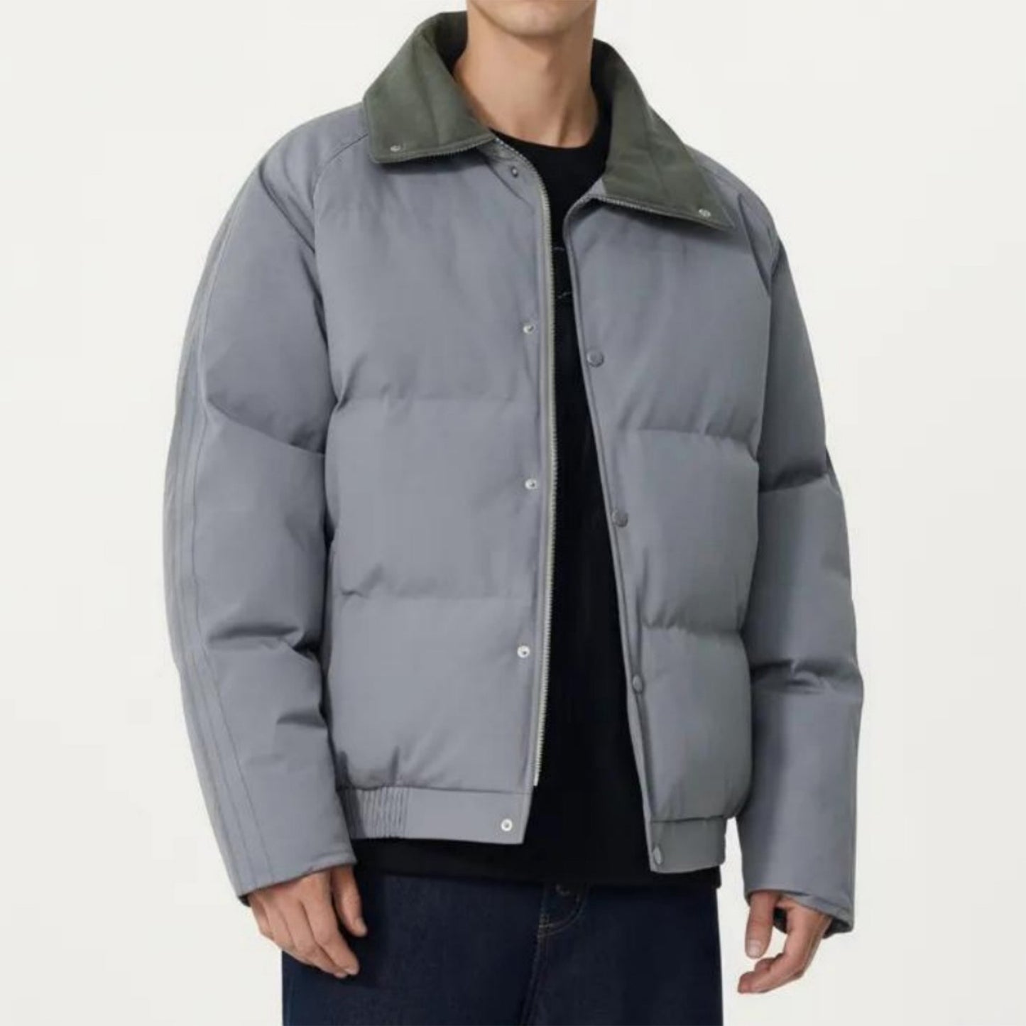 Men's Quilted Puffer Jacket with Stand Collar Snap Front and Ribbed Hem