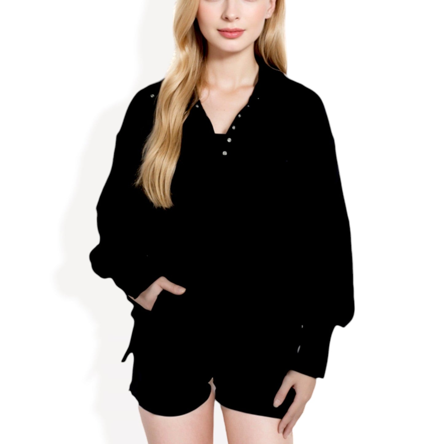 Anna-Kaci Women's Long Sleeve Pullover with Button Neck and Raw Hem Detail