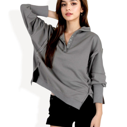 Anna-Kaci Women's Long Sleeve Pullover with Button Neck and Raw Hem Detail