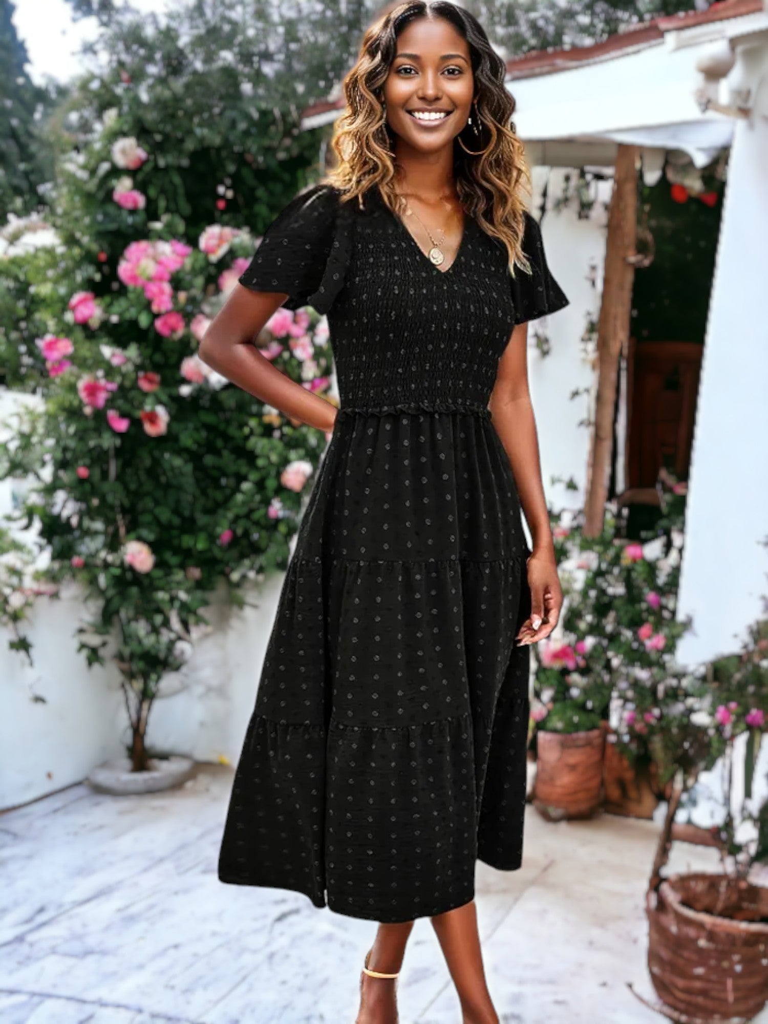 V-Neck Smocked Chest Gathered Ruffle Midi Clip Dot Dress – Anna-Kaci  Wholesale