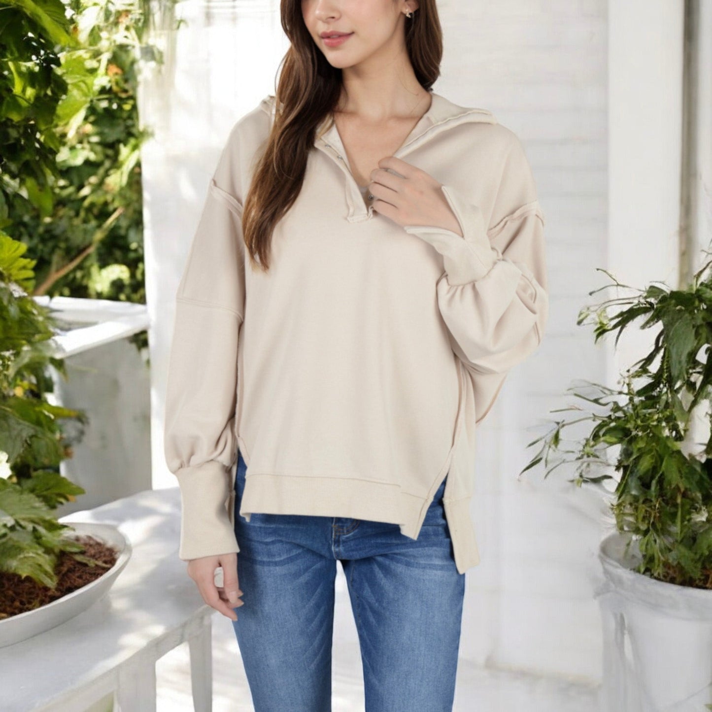 Anna-Kaci Women's Long Sleeve Pullover with Button Neck and Raw Hem Detail